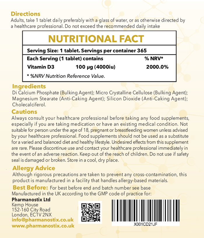 Vitamin D3 4000IU 365 Tablets - Immunity Support