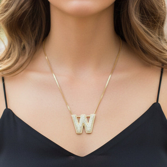 12047 - Crystal "W" Initial Necklace - Gold