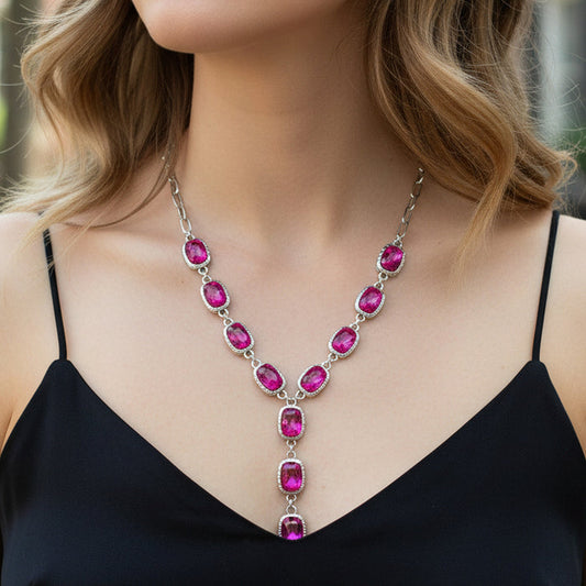 12048 - Crystal Lariat Necklace - Fuchsia
