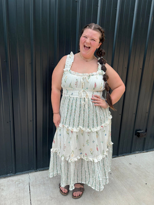 PLUS FLORAL COLORBLOCK RUFFLED TIERED MIDI DRESS