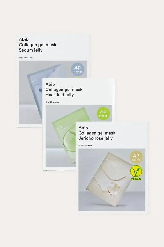Abib Collagen Gel Mask variety set showing Sedum Jelly, Heartleaf Jelly, and Jericho Rose Jelly packs; Hydrogel Sheet Mask packaging displayed together on a clean background.
