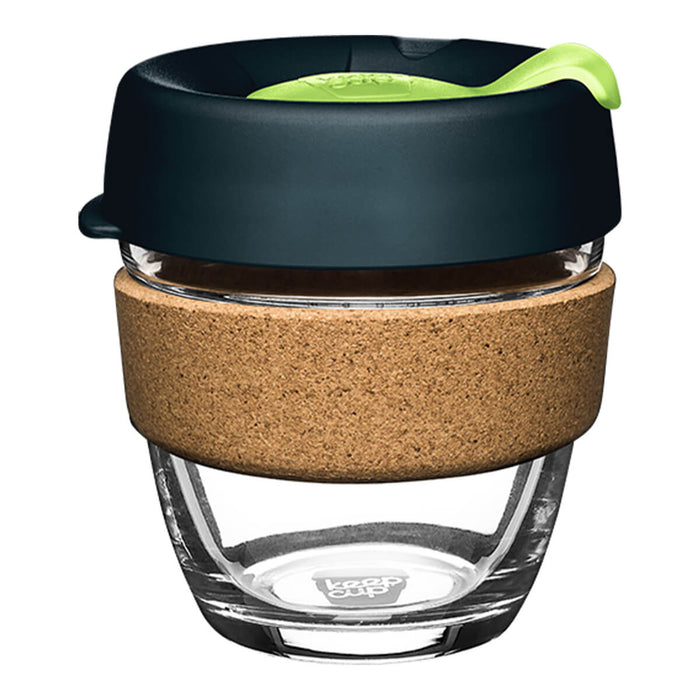 8oz size KeepCup Brew Glass Coffee Cup with cork band and dark coloured lid, tempered glass reusable cup.