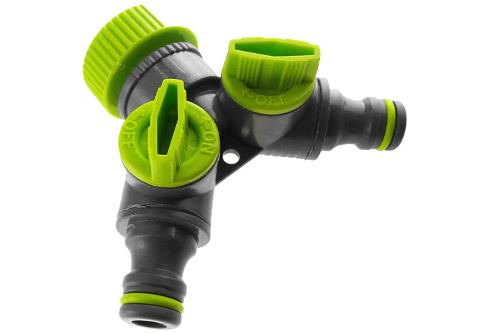 Double Tap Connector with Valves Lime Outdoor Watering Kit Garden Irrigation Kit