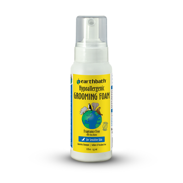 Bottle of Earthbath hypoallergenic grooming foam on a white background