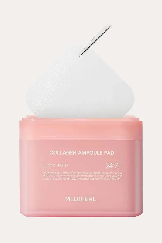 Mediheal Collagen Ampoule Pad container (100 sheets), a firming Daily Collagen Mask designed to improve skin elasticity.
